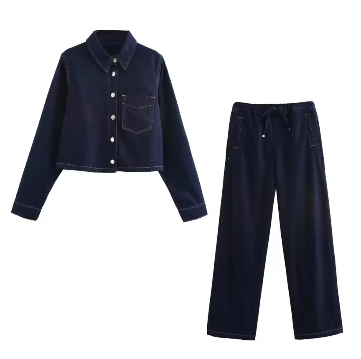 Denim Lounge – Zweiteiliges Jeans-Set mit Cropped Bluse & Weitbein-Hose