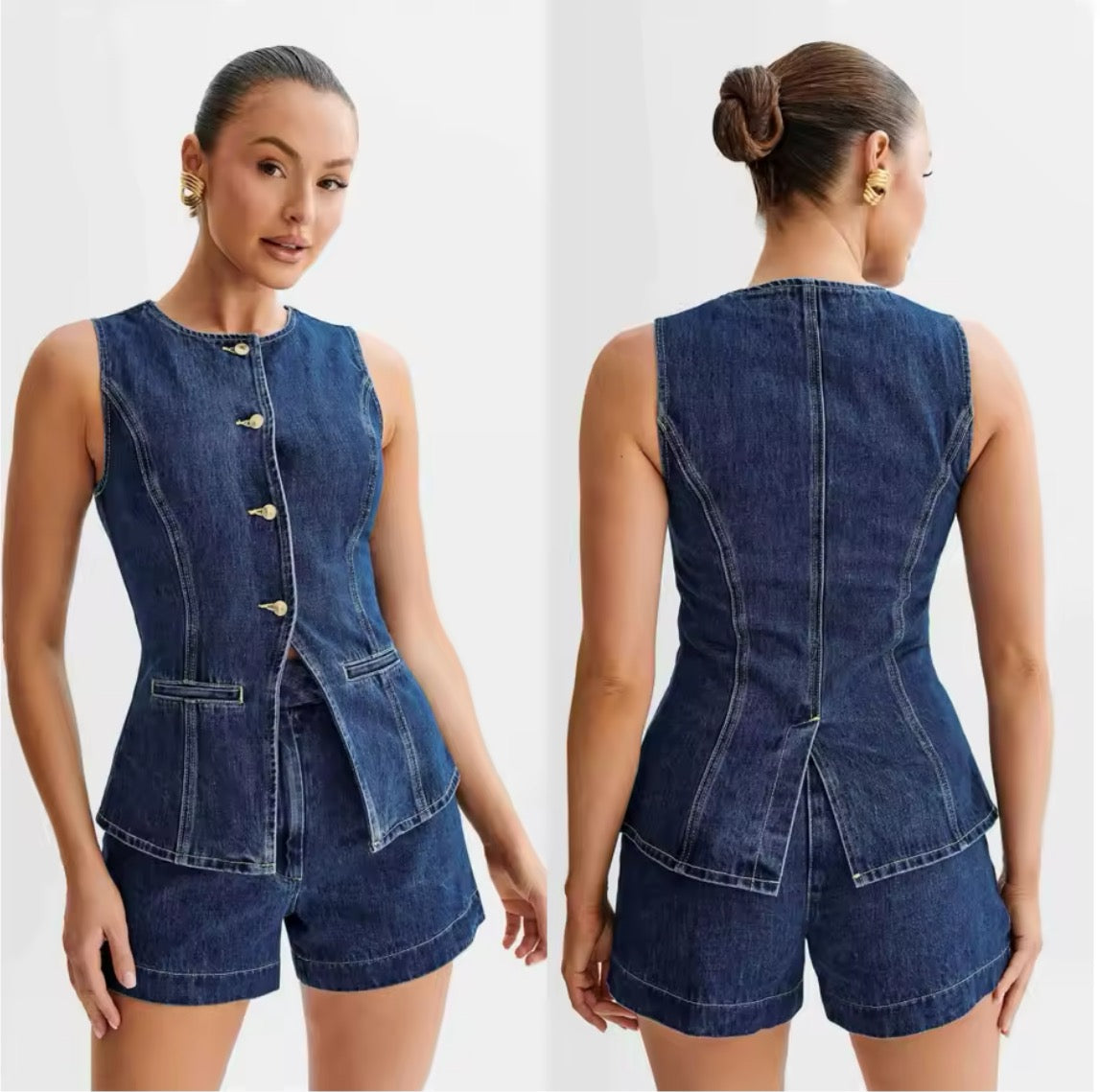 Vintage Denim Elegance – Ärmelloses Blazer-Set mit Shorts
