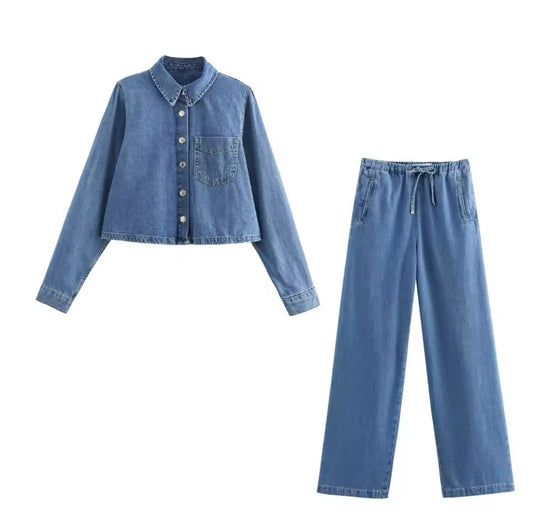 Denim Lounge – Two-piece denim set with cropped blouse & wide-leg trousers