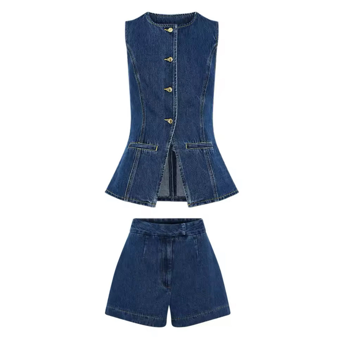 Vintage Denim Elegance – Ärmelloses Blazer-Set mit Shorts