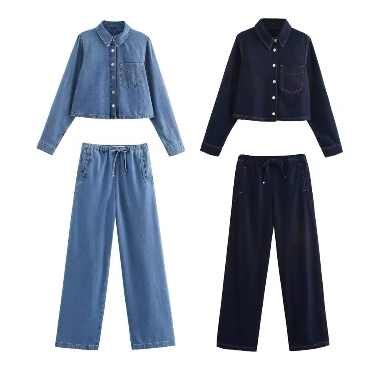 Denim Lounge – Zweiteiliges Jeans-Set mit Cropped Bluse & Weitbein-Hose