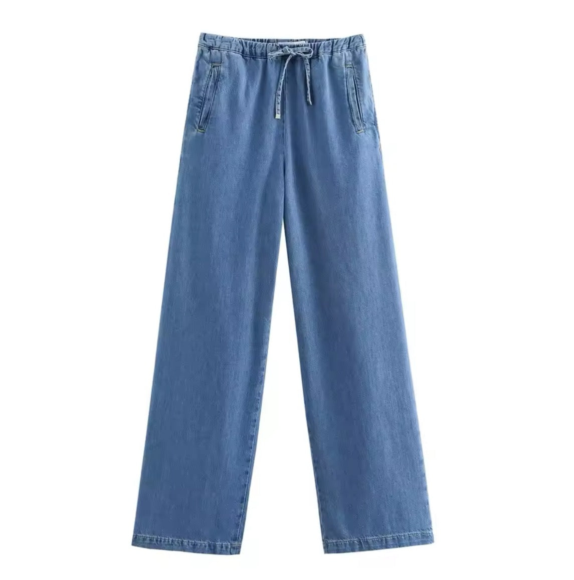 Denim Lounge – Zweiteiliges Jeans-Set mit Cropped Bluse & Weitbein-Hose