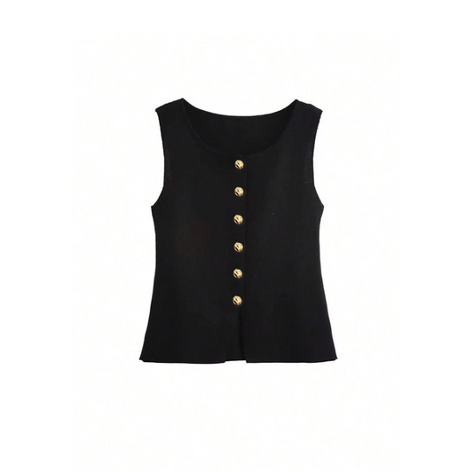 Sleeveless knit top with gold buttons
