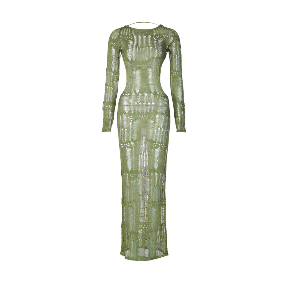 Olive Mirage - Transparentes Strick-Maxikleid mit Metallic Shine