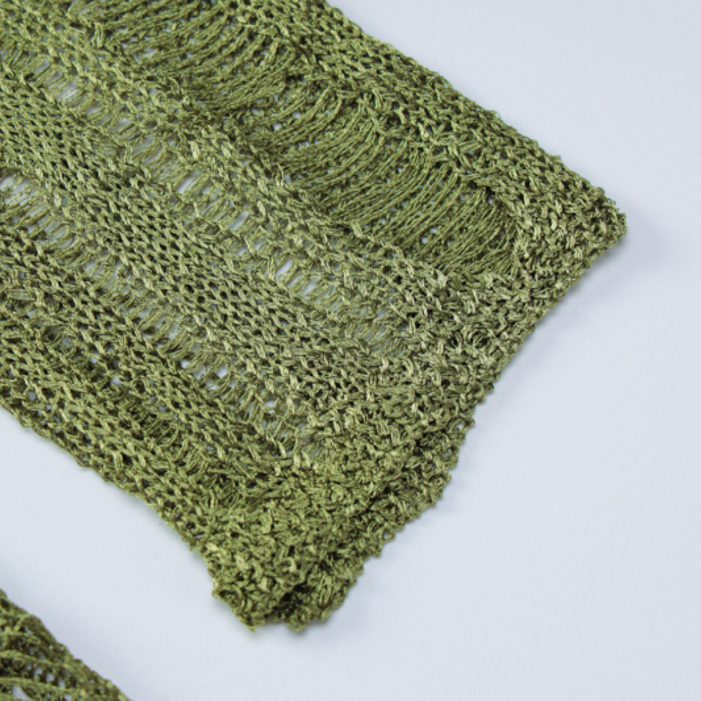 Olive Mirage - Transparentes Strick-Maxikleid mit Metallic Shine