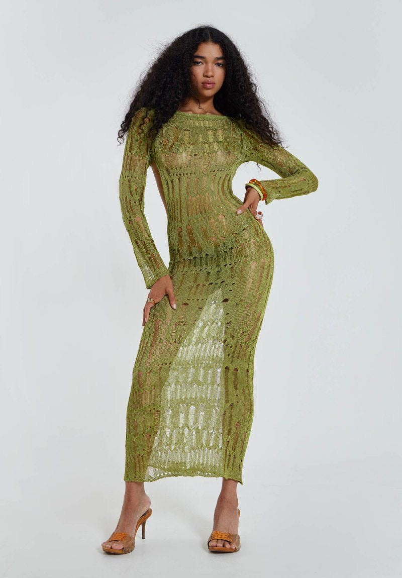Olive Mirage - Transparentes Strick-Maxikleid mit Metallic Shine