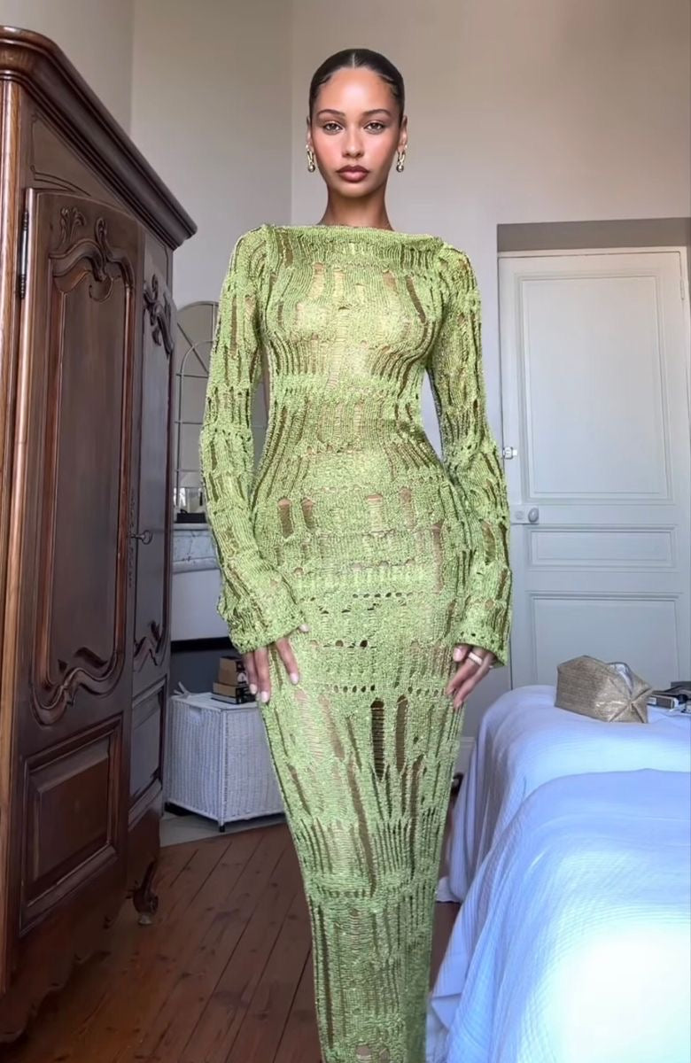 Olive Mirage - Transparentes Strick-Maxikleid mit Metallic Shine